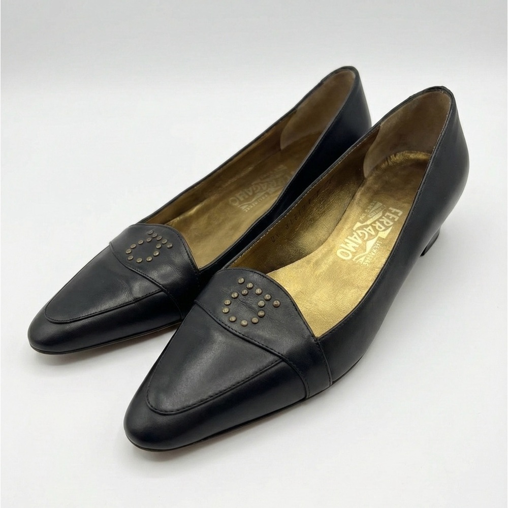 Salvatore Ferragamo Black Leather Studded Gancini Almond Toe Pumps 8